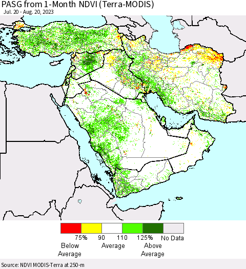 Middle East and Turkey PASG from 1-Month NDVI (Terra-MODIS) Thematic Map For 8/13/2023 - 8/20/2023