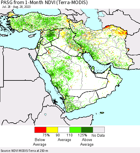 Middle East and Turkey PASG from 1-Month NDVI (Terra-MODIS) Thematic Map For 8/21/2023 - 8/28/2023