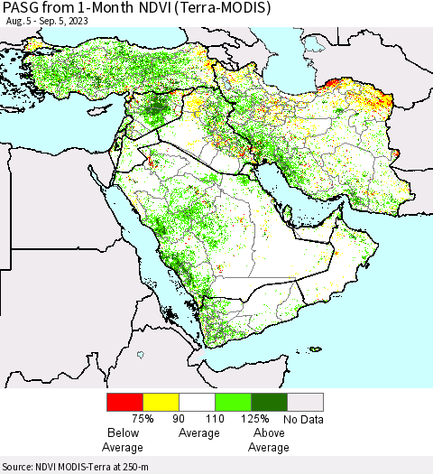Middle East and Turkey PASG from 1-Month NDVI (Terra-MODIS) Thematic Map For 8/29/2023 - 9/5/2023