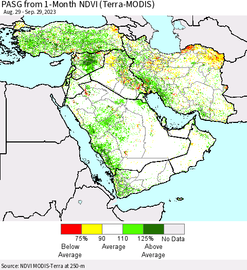 Middle East and Turkey PASG from 1-Month NDVI (Terra-MODIS) Thematic Map For 9/22/2023 - 9/29/2023