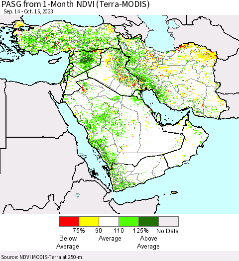 Middle East and Turkey PASG from 1-Month NDVI (Terra-MODIS) Thematic Map For 10/8/2023 - 10/15/2023