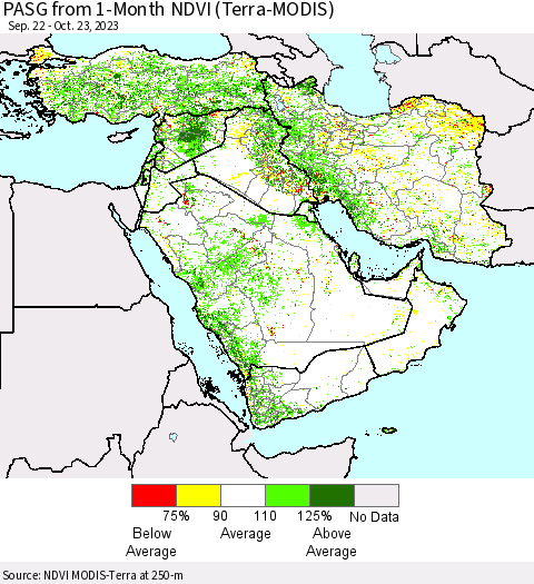 Middle East and Turkey PASG from 1-Month NDVI (Terra-MODIS) Thematic Map For 10/16/2023 - 10/23/2023