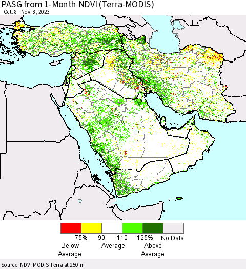 Middle East and Turkey PASG from 1-Month NDVI (Terra-MODIS) Thematic Map For 11/1/2023 - 11/8/2023