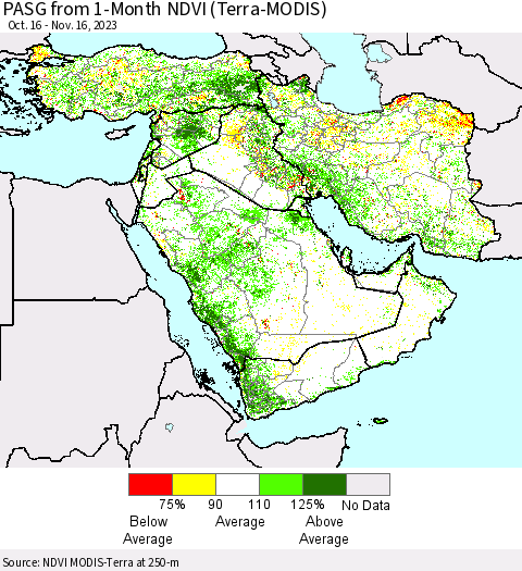 Middle East and Turkey PASG from 1-Month NDVI (Terra-MODIS) Thematic Map For 11/9/2023 - 11/16/2023