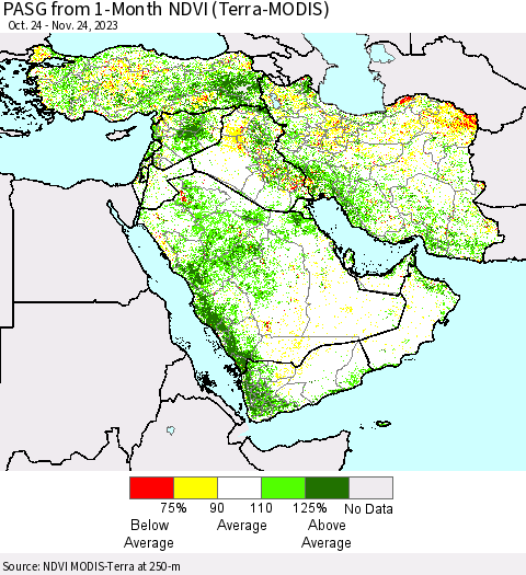 Middle East and Turkey PASG from 1-Month NDVI (Terra-MODIS) Thematic Map For 11/17/2023 - 11/24/2023