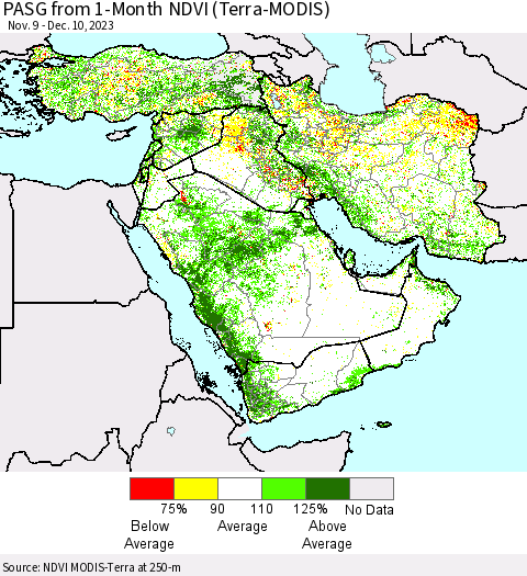 Middle East and Turkey PASG from 1-Month NDVI (Terra-MODIS) Thematic Map For 12/3/2023 - 12/10/2023