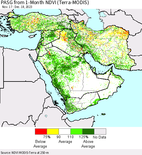 Middle East and Turkey PASG from 1-Month NDVI (Terra-MODIS) Thematic Map For 12/11/2023 - 12/18/2023