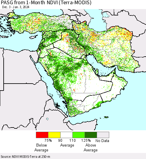Middle East and Turkey PASG from 1-Month NDVI (Terra-MODIS) Thematic Map For 12/27/2023 - 1/3/2024