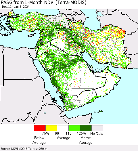 Middle East and Turkey PASG from 1-Month NDVI (Terra-MODIS) Thematic Map For 1/1/2024 - 1/8/2024