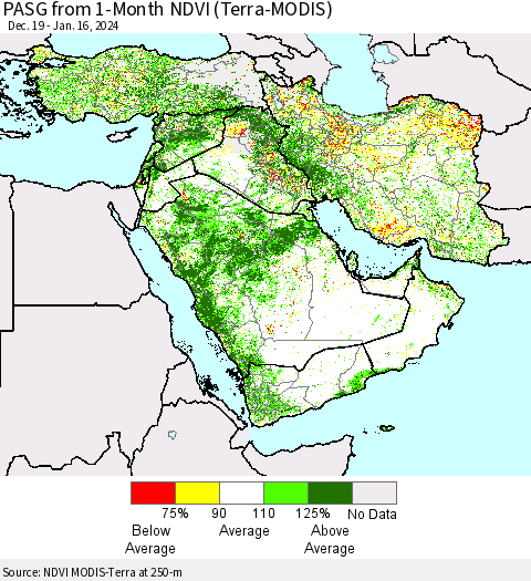 Middle East and Turkey PASG from 1-Month NDVI (Terra-MODIS) Thematic Map For 1/9/2024 - 1/16/2024