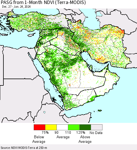 Middle East and Turkey PASG from 1-Month NDVI (Terra-MODIS) Thematic Map For 1/17/2024 - 1/24/2024