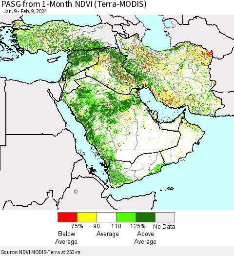 Middle East and Turkey PASG from 1-Month NDVI (Terra-MODIS) Thematic Map For 2/2/2024 - 2/9/2024
