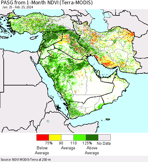 Middle East and Turkey PASG from 1-Month NDVI (Terra-MODIS) Thematic Map For 2/18/2024 - 2/25/2024
