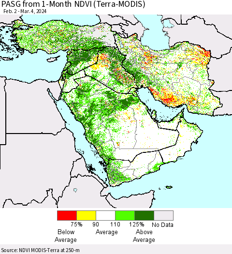 Middle East and Turkey PASG from 1-Month NDVI (Terra-MODIS) Thematic Map For 2/26/2024 - 3/4/2024