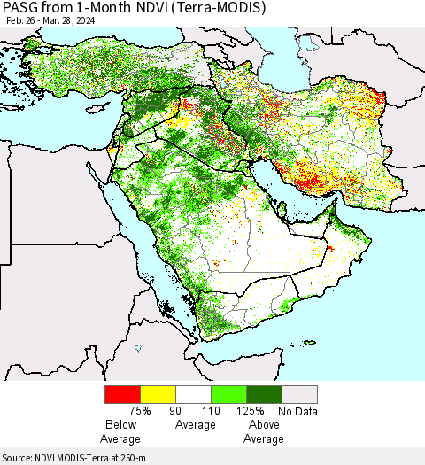 Middle East and Turkey PASG from 1-Month NDVI (Terra-MODIS) Thematic Map For 3/21/2024 - 3/28/2024