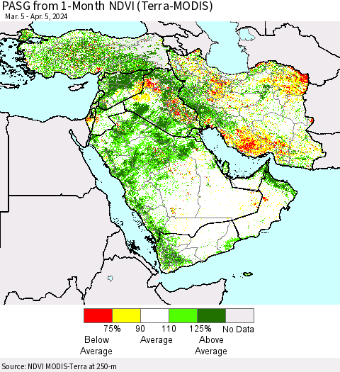 Middle East and Turkey PASG from 1-Month NDVI (Terra-MODIS) Thematic Map For 3/29/2024 - 4/5/2024