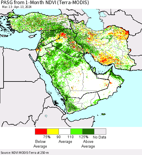 Middle East and Turkey PASG from 1-Month NDVI (Terra-MODIS) Thematic Map For 4/6/2024 - 4/13/2024