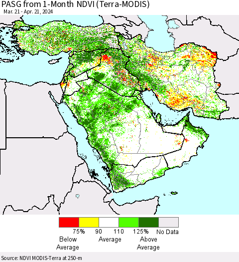 Middle East and Turkey PASG from 1-Month NDVI (Terra-MODIS) Thematic Map For 4/14/2024 - 4/21/2024