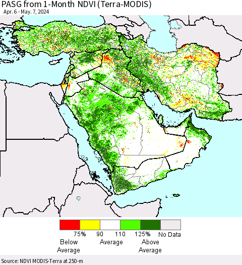 Middle East and Turkey PASG from 1-Month NDVI (Terra-MODIS) Thematic Map For 4/30/2024 - 5/7/2024