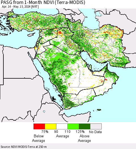 Middle East and Turkey PASG from 1-Month NDVI (Terra-MODIS) Thematic Map For 5/8/2024 - 5/15/2024