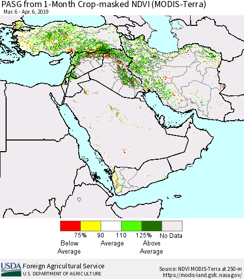 Middle East and Turkey PASG from 1-Month Cropland NDVI (Terra-MODIS) Thematic Map For 4/1/2019 - 4/10/2019