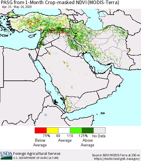 Middle East and Turkey PASG from 1-Month Cropland NDVI (Terra-MODIS) Thematic Map For 5/11/2019 - 5/20/2019