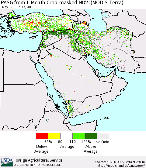 Middle East and Turkey PASG from 1-Month Cropland NDVI (Terra-MODIS) Thematic Map For 6/11/2019 - 6/20/2019