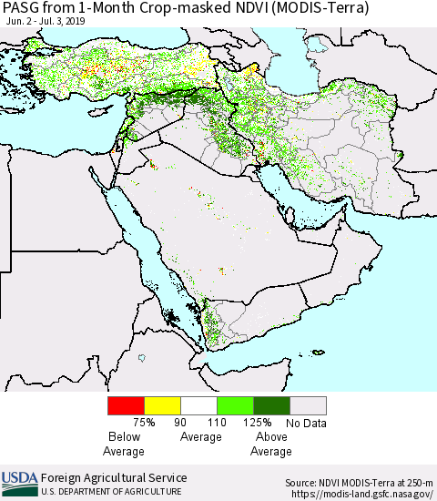 Middle East and Turkey PASG from 1-Month Cropland NDVI (Terra-MODIS) Thematic Map For 7/1/2019 - 7/10/2019