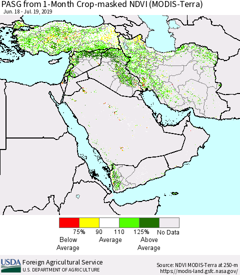Middle East and Turkey PASG from 1-Month Cropland NDVI (Terra-MODIS) Thematic Map For 7/11/2019 - 7/20/2019