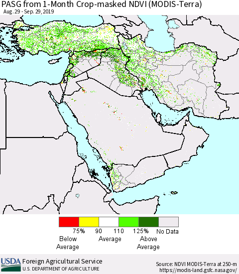 Middle East and Turkey PASG from 1-Month Cropland NDVI (Terra-MODIS) Thematic Map For 9/21/2019 - 9/30/2019