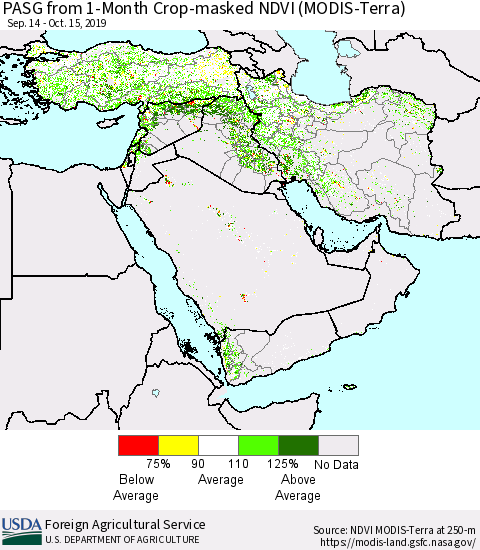 Middle East and Turkey PASG from 1-Month Cropland NDVI (Terra-MODIS) Thematic Map For 10/11/2019 - 10/20/2019