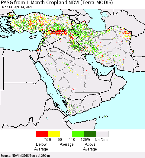 Middle East and Turkey PASG from 1-Month Cropland NDVI (Terra-MODIS) Thematic Map For 4/7/2021 - 4/14/2021