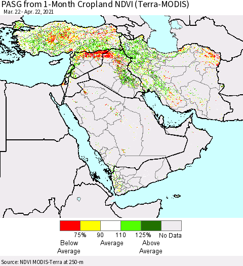 Middle East and Turkey PASG from 1-Month Cropland NDVI (Terra-MODIS) Thematic Map For 4/15/2021 - 4/22/2021