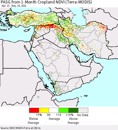 Middle East and Turkey PASG from 1-Month Cropland NDVI (Terra-MODIS) Thematic Map For 5/9/2021 - 5/16/2021