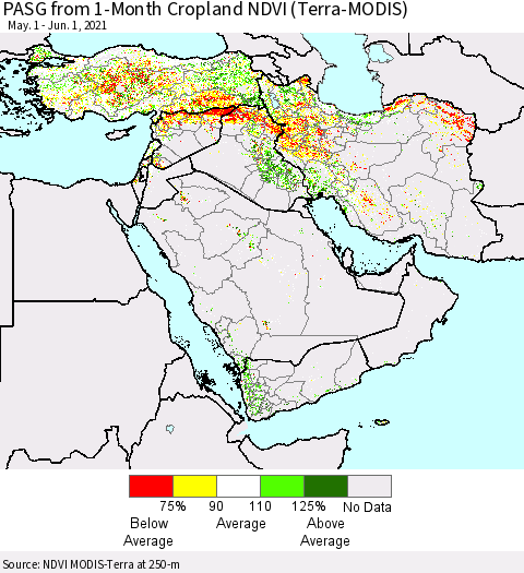 Middle East and Turkey PASG from 1-Month Cropland NDVI (Terra-MODIS) Thematic Map For 5/25/2021 - 6/1/2021