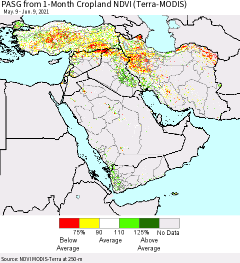 Middle East and Turkey PASG from 1-Month Cropland NDVI (Terra-MODIS) Thematic Map For 6/2/2021 - 6/9/2021