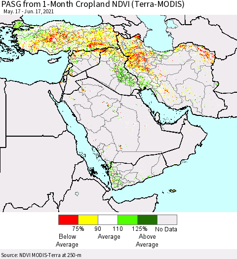 Middle East and Turkey PASG from 1-Month Cropland NDVI (Terra-MODIS) Thematic Map For 6/10/2021 - 6/17/2021