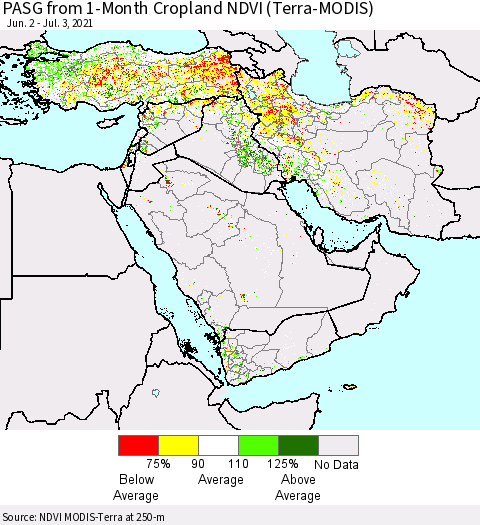 Middle East and Turkey PASG from 1-Month Cropland NDVI (Terra-MODIS) Thematic Map For 6/26/2021 - 7/3/2021