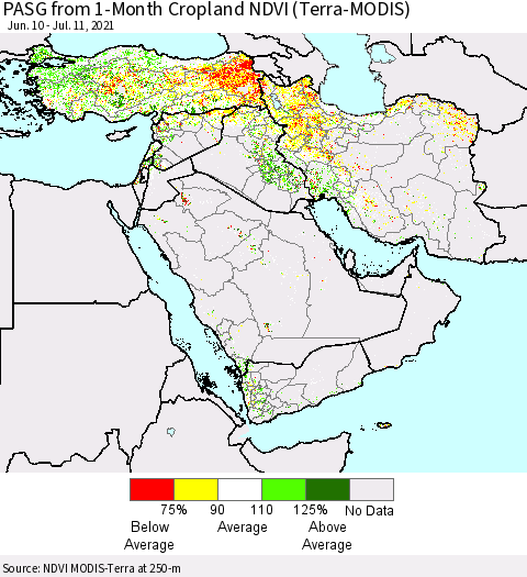 Middle East and Turkey PASG from 1-Month Cropland NDVI (Terra-MODIS) Thematic Map For 7/4/2021 - 7/11/2021