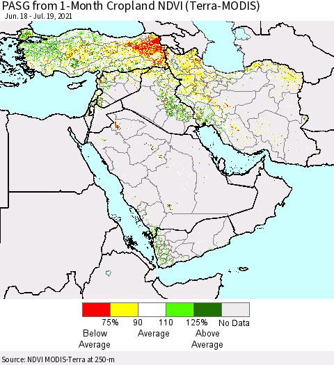 Middle East and Turkey PASG from 1-Month Cropland NDVI (Terra-MODIS) Thematic Map For 7/12/2021 - 7/19/2021