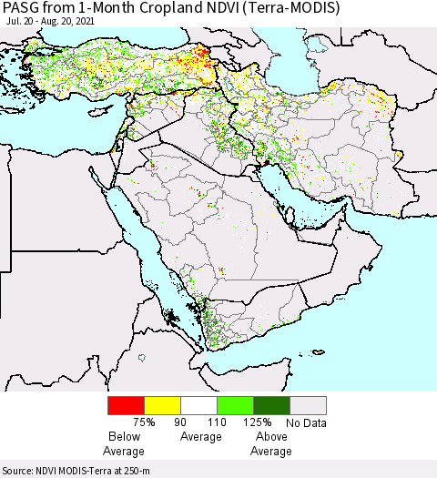 Middle East and Turkey PASG from 1-Month Cropland NDVI (Terra-MODIS) Thematic Map For 8/13/2021 - 8/20/2021
