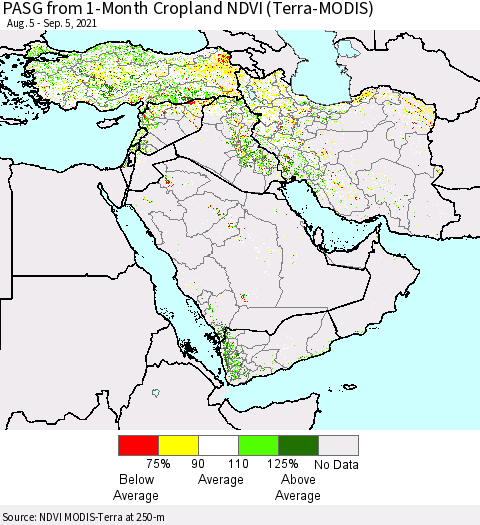Middle East and Turkey PASG from 1-Month Cropland NDVI (Terra-MODIS) Thematic Map For 8/29/2021 - 9/5/2021