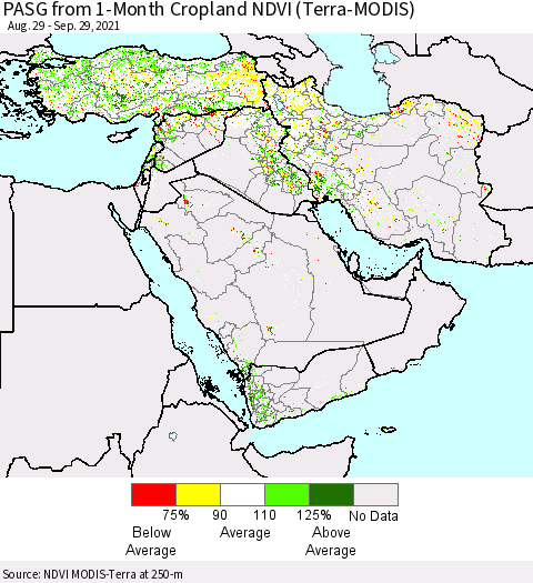Middle East and Turkey PASG from 1-Month Cropland NDVI (Terra-MODIS) Thematic Map For 9/22/2021 - 9/29/2021