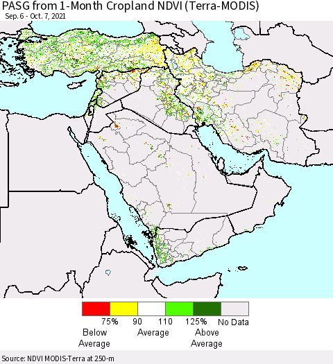 Middle East and Turkey PASG from 1-Month Cropland NDVI (Terra-MODIS) Thematic Map For 9/30/2021 - 10/7/2021
