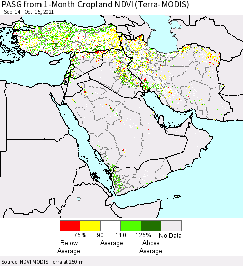 Middle East and Turkey PASG from 1-Month Cropland NDVI (Terra-MODIS) Thematic Map For 10/8/2021 - 10/15/2021