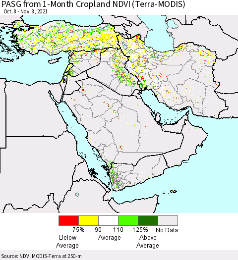 Middle East and Turkey PASG from 1-Month Cropland NDVI (Terra-MODIS) Thematic Map For 11/1/2021 - 11/8/2021