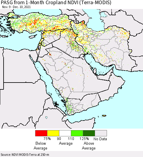 Middle East and Turkey PASG from 1-Month Cropland NDVI (Terra-MODIS) Thematic Map For 12/3/2021 - 12/10/2021