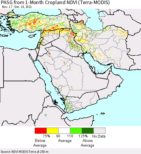 Middle East and Turkey PASG from 1-Month Cropland NDVI (Terra-MODIS) Thematic Map For 12/11/2021 - 12/18/2021