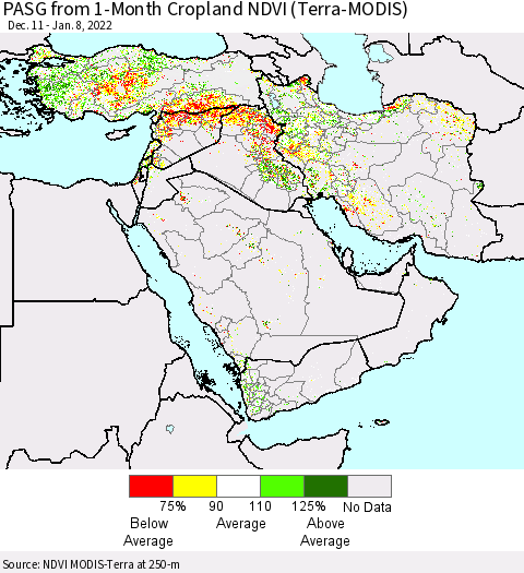 Middle East and Turkey PASG from 1-Month Cropland NDVI (Terra-MODIS) Thematic Map For 1/1/2022 - 1/8/2022
