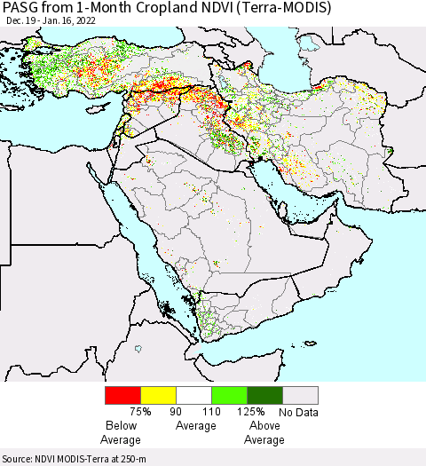 Middle East and Turkey PASG from 1-Month Cropland NDVI (Terra-MODIS) Thematic Map For 1/9/2022 - 1/16/2022